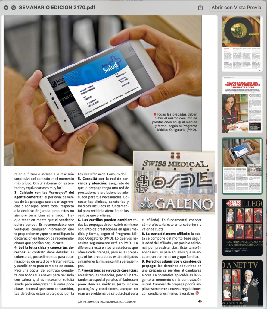 Revista Seminario ABOGADAS DE SALUD® Macarena Jimena Carolina como elegir y cambiar de preapaga