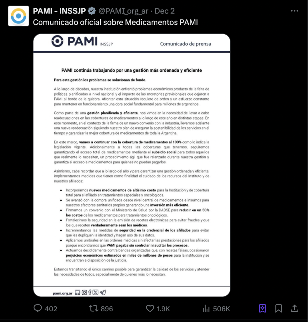 tweet PAMI sobre medicamentos al 100% ABOGADAS DE SALUD® Macarena Fragueiro Frias